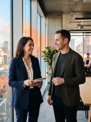 A professional portrait of two founders in a bright, sunlit modern office, natural window light with subtle blue and warm orange ambient reflections, clean editorial style