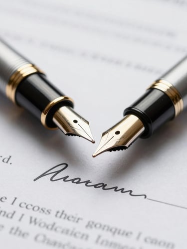 Macro close-up of a fountain pen resting on a clean signature line of a mortgage document, bright daylight, shallow depth of field, professional legal environment.