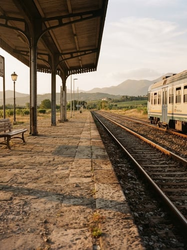 A quiet, empty regional train platform in Friuli at golden hour, warm soft sunlight casting long shadows across weathered stone, 35mm film aesthetic.