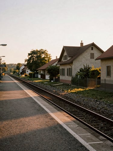 An empty train platform at golden hour in a quiet European village, warm natural light, soft shadows, 35mm film aesthetic