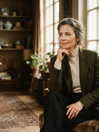 Editorial portrait of a sophisticated individual in a beautifully disheveled setting, wearing HIGH BROW apparel, warm natural window light, rich muted tones, 35mm film, expansive negative space to the left.