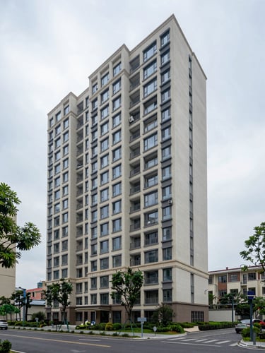 Wide exterior of a 4-storey residential apartment block under overcast daylight, full facade visible with street-level podium, surrounding trees and road context, no people, sharp geometry