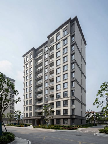Wide exterior shot of a completed mid-rise residential building on an overcast day, full-frame showing surrounding street context and clear sky above, natural daylight, no shadows, building facade centred with pavement and trees in foreground