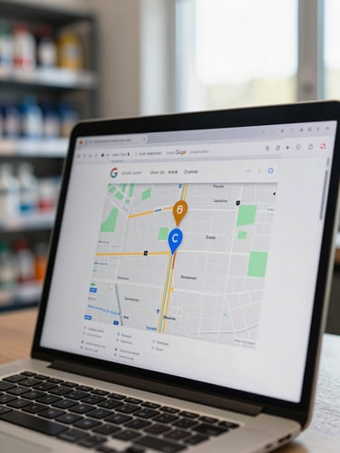 Close-up of a laptop screen in a plumbing supply office showing a Google local map pack — three business pins visible, one highlighted in amber, morning light through a window behind the screen