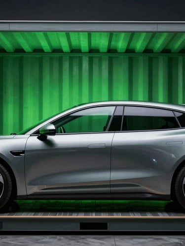 Sleek electric sedan profile inside a modern shipping container, dramatic neon green accent lighting, cool metallic tones, sharp details