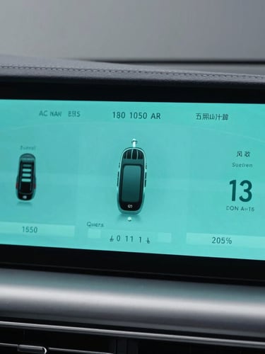 Close-up of a futuristic digital dashboard interface inside a premium electric vehicle, glowing teal telemetry screen, ultra-clean design, sharp details
