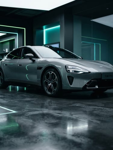 Sleek metallic gray Xiaomi SU7 parked inside a high-tech minimalist showroom with neon green and electric teal reflections, low-angle heroic shot, 35mm lens