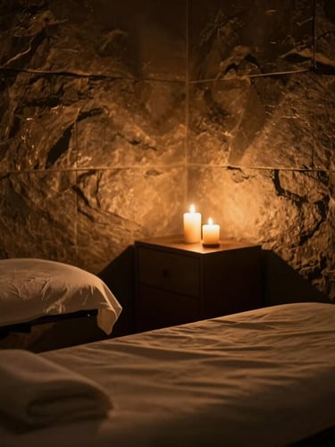 Low-lit serene treatment room with soft candlelight casting deep shadows on dark stone walls, rich bronze and gold tones, shallow depth of field, 35mm