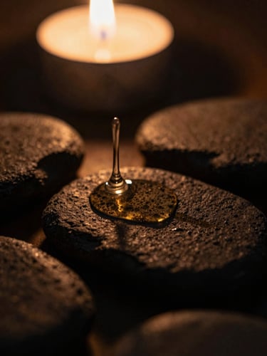 Macro close-up of warm oil trickling onto dark basalt stones, soft candlelight casting deep shadows, rich bronze tones, shallow depth of field