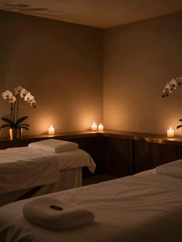 Low-lit serene treatment room with soft candlelight, minimalist bronze accents, orchids, and deep shadows, wide empty peaceful room shot, 35mm