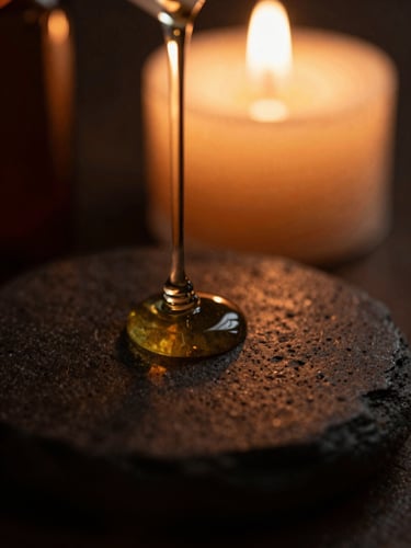 Macro close-up of warm botanical oil trickling onto dark basalt stones, soft candlelight, deep shadows, rich bronze tones, shallow depth of field, 35mm