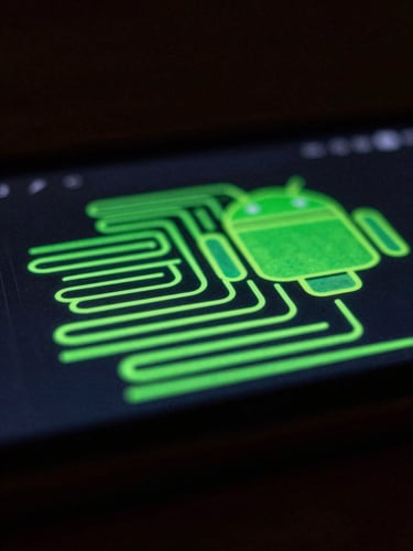 Macro close-up of an Android screen in a dark room, glowing neon green vector lines of a sketching app, high contrast, 35mm depth of field