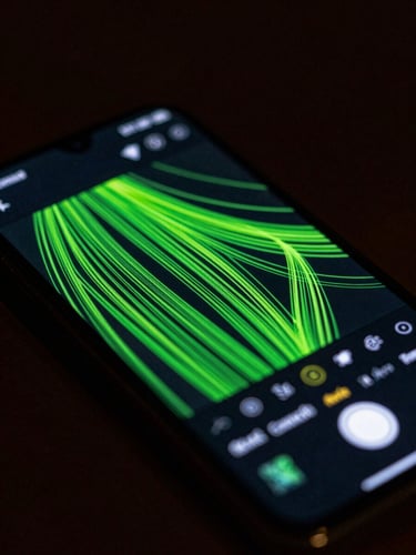 Macro close-up of a high-end Android phone screen displaying a vibrant vector drawing interface with neon green lines and custom brush settings, dark ambient background.