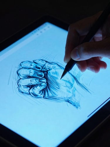 Extreme close-up of a hand sketching on an Android tablet, neon blue interface glowing in a dark studio, sharp screen reflections, moody ambient backlighting