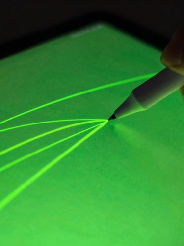 Macro close-up of an Android tablet screen showing vibrant neon green vector lines being drawn with a stylus, dark ambient backlighting, 35mm depth of field.