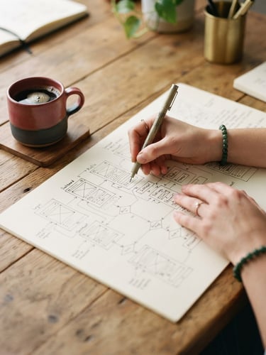 Close-up macro shot of hands sketching user flows on a warm wooden table, a simple ceramic coffee cup nearby, soft diffused north-facing daylight with rich natural shadows, 35mm photography