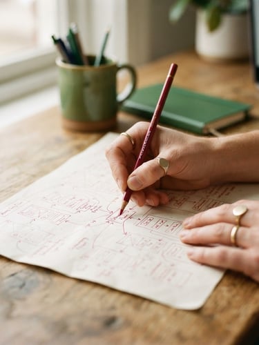 Close-up environmental shot of hands sketching user flows on textured paper, soft diffused daylight, warm wood table, rich crimson pencil accent, shallow depth of field, 35mm