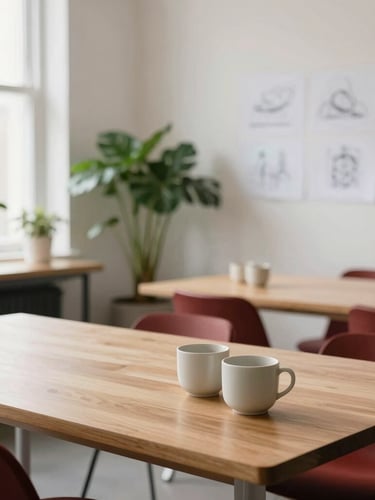 A bright, clean Scandinavian design studio interior with warm oak tables, simple ceramic cups, soft diffused daylight streaming through large windows, green plants, and sketches on the wall, shallow depth of field, 35mm