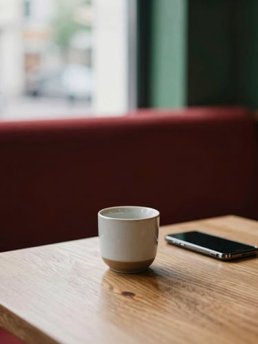Scandinavian style cafe interior, soft daylight streaming through a window onto a textured oak table with a simple ceramic cup and a smartphone, shallow depth of field, 35mm