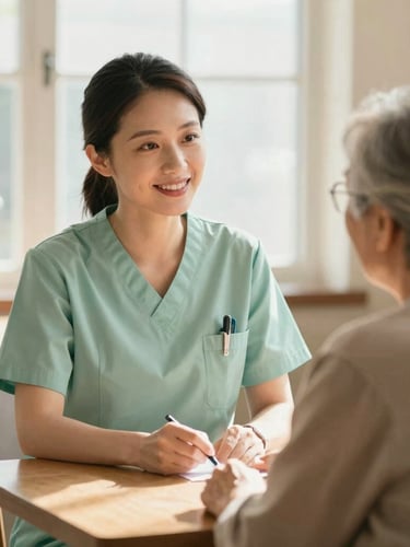 Warm editorial photography of a professional nurse in a soft green top talking gently with an elderly patient in a sunlit dining room, warm natural window light, shallow depth of field, authentic interaction
