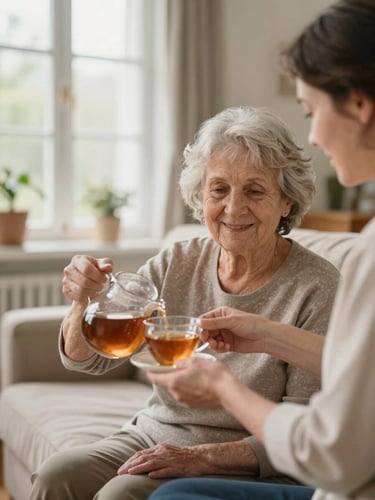 A warm, natural light photograph of an elderly woman smiling while a caregiver gently pours tea in a cozy, sunlit Dutch living room, shallow depth of field.