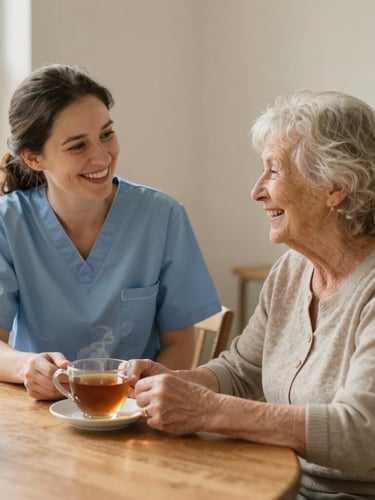 Warm editorial photography of a friendly Dutch caregiver in her 30s sitting at a wooden dining table with an elderly woman, sharing a laugh over fresh tea, soft natural window light, warm cream interior.