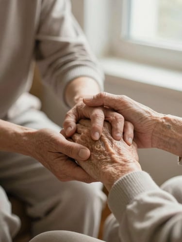 A close-up of a caregiver's supportive hand gently holding an elderly client's hand. Warm morning window light illuminates the soft textures of their clothing, capturing a quiet, comforting moment of connection.