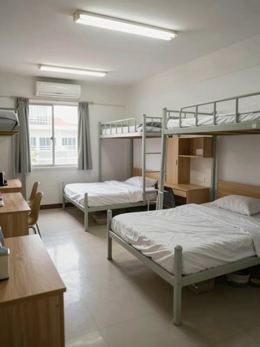 Wide environmental shot of a dormitory room interior in Singapore, beds and desk visible, practical overhead fluorescent lighting, natural daylight from a side window, no occupants, honest condition showing actual room scale and fixtures