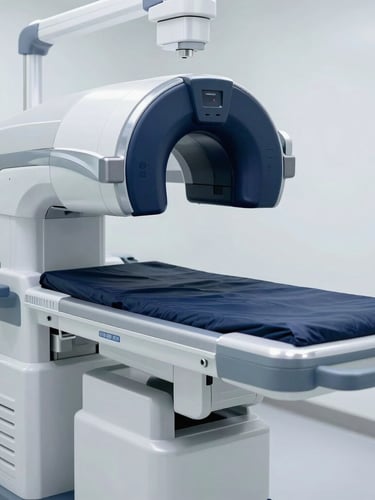 High-end medical imaging machinery, clean clinical setup, silver and deep navy tones, bright cool daylight, professional clinical environment