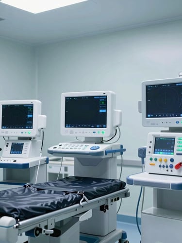 Crisp clinical photography of a sterile modern ICU room in Saudi Arabia, high-end medical monitors and ventilators, cool blue and platinum silver lighting, sharp focus, professional medical environment