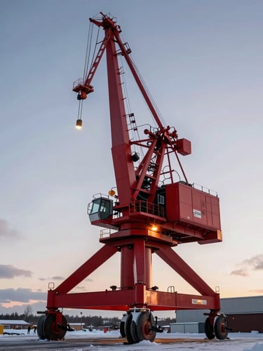 A massive industrial crawler crane shot from a low angle against a soft, diffused Scandinavian winter sky, warm ambient amber lights reflecting off the deep red steel joints.