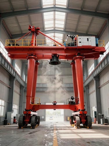 Symmetrical wide-angle shot of a massive red crawler crane in a clean, organized industrial warehouse, soft natural light streaming from high windows, dust motes visible in the air.
