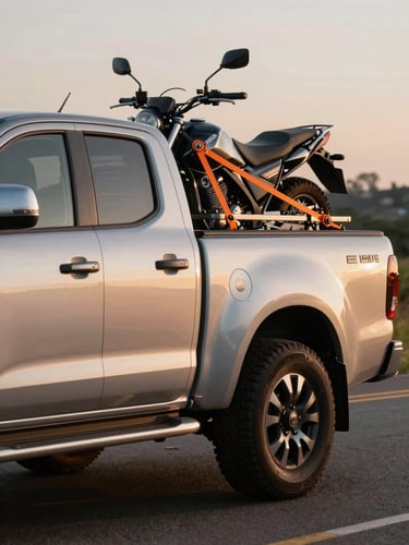 Close-up side profile of a branded double-cab pickup truck with a motorcycle strapped to the bed, professional orange ratchet tie-downs visible, truck parked on an Ibagué roadside at dusk, strong directional sunlight casting working shadows on the vehicle