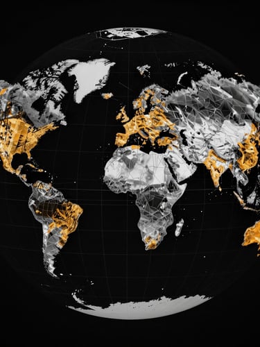 High-contrast digital rendering of a wireframe planetary map, orthographic projection, with tactical amber data overlays, deep charcoal background.
