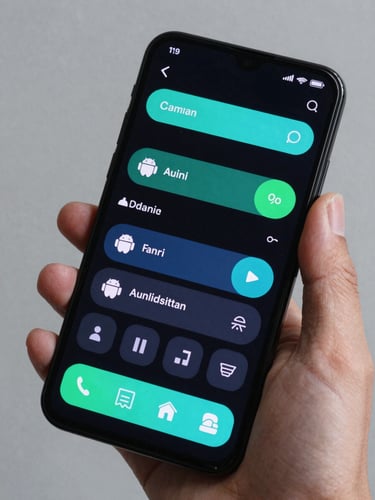 A tight close-up of a hand holding a modern Android device showing a clean, high-contrast system utility interface with vibrant cyan accents under sharp digital studio lighting.