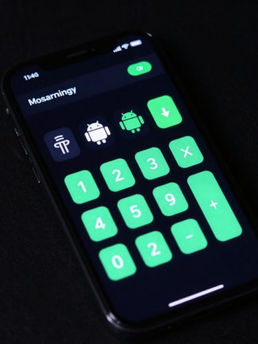 Overhead flat-lay of an Android phone displaying a crisp vector calculator interface with high-contrast neon green indicators on a deep black screen, digital studio lighting.