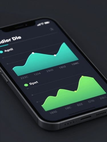 High-fidelity vector mockup of a clean Android app interface on a dark screen, showing optimized performance graphs with electric cyan and neon green accents, sharp studio lighting.