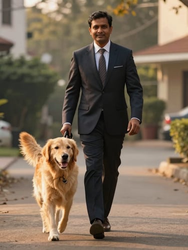 A professional, neatly dressed Indian dog walker walking a happy Golden Retriever on a leash in an upscale Mumbai neighborhood, warm golden-hour natural light, shallow depth of field, 35mm editorial photography.