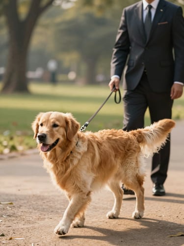 A beautiful Golden Retriever walking gracefully on a leash next to a neatly dressed handler in a clean, sunlit Mumbai park, warm editorial photography, 35mm