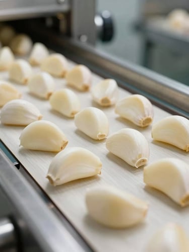 Close-up of sanitized, peeled garlic cloves on a stainless steel conveyor belt in a bright, modern food processing facility