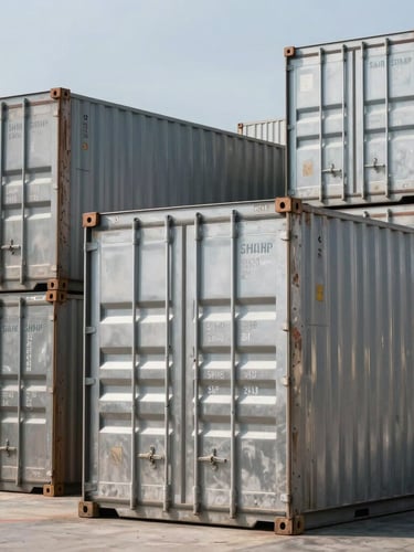 Sharp macro-style close-up of organized stainless steel cargo containers in a pristine warehouse bay, bright daylight.