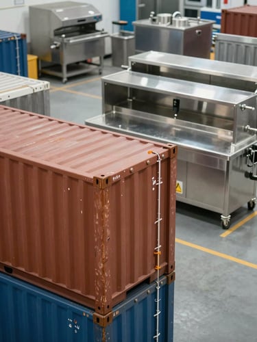 Bright, clean, clinical shot of a Chennai logistics warehouse bay with organized high-volume cargo containers and stainless steel commercial prep equipment in the background