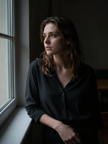 High-contrast, low-key portrait of Anna Sovák in a dimly lit rehearsal room, side-lit by a window, looking thoughtfully off-camera, dramatic shadows.