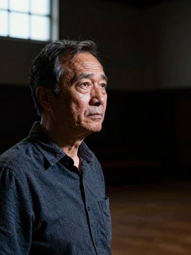 High-contrast portrait of a theatre director in a dark rehearsal room, dramatic side-light from a window, intense focus, negative space on the right