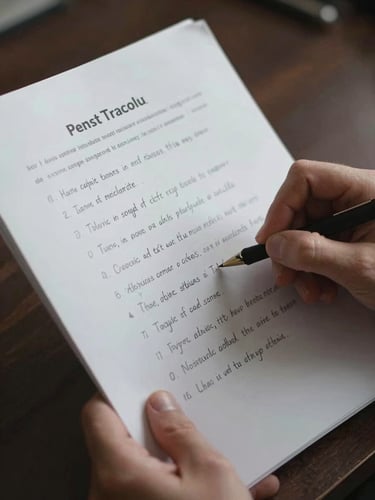 Close-up of hands holding an annotated script with handwritten notes, soft low-key lighting, shallow depth of field