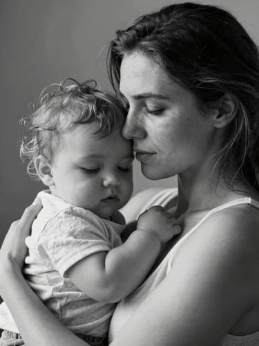 Intimate, unretouched black and white portrait of Anna Sovák holding her child close, soft natural side-light highlighting expressions of warmth and exhaustion, quiet-luxury editorial style