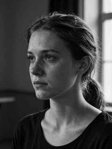 Raw, high-contrast black and white close-up portrait of Anna Sovák, natural side-light from a rehearsal room window, unretouched, thoughtful expression, dark background