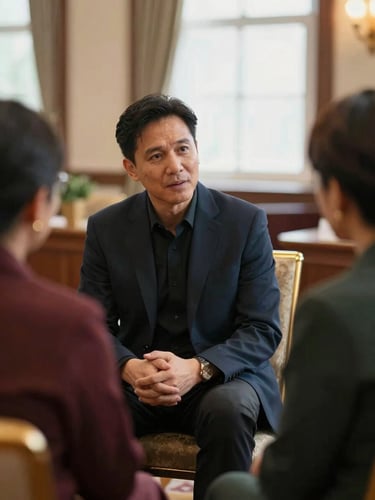 A ministry leader engaging in a heartfelt discussion with a small group, warm diffused indoor lighting, focus on connection, rich deep tones, soft background.