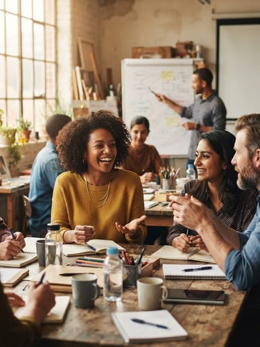 Diverse group of people engaged in active discussion during a training workshop, warm natural window light, rich deep tones, shallow depth of field, off-center subject.