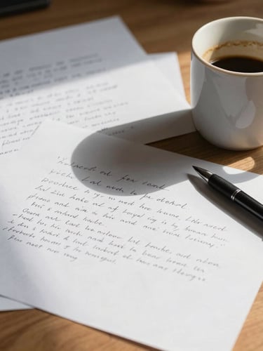 Extreme close-up of a messy wooden desk with handwritten script drafts, a half-empty coffee mug, and a black pen, harsh natural side light casting long shadows, unposed and raw atmosphere